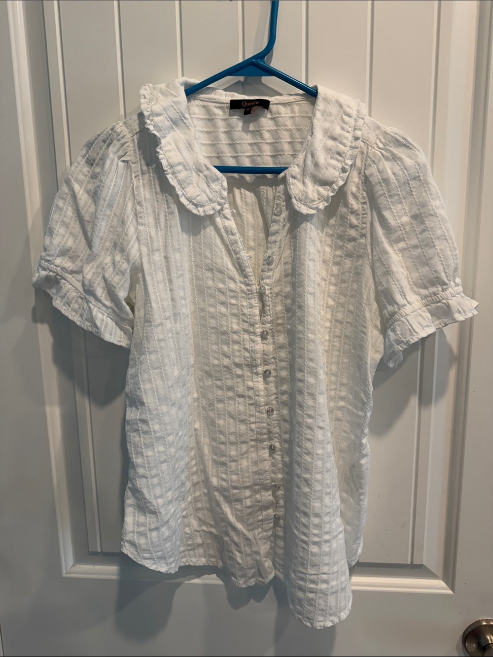 Quince White Textured Button-Front Blouse with Peter Pan Collar
